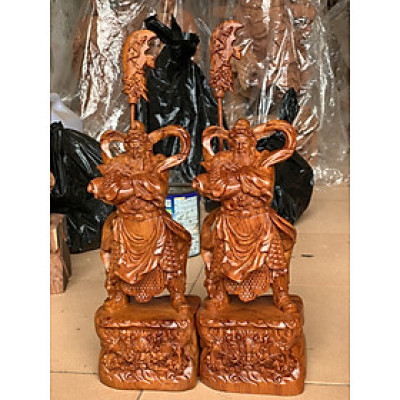 Tượng quan công khoanh tay đứng trên đầu hổ phù bằng gỗ hương đá kt cao 60×25×15cm