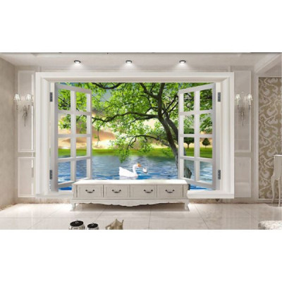 Tranh dán tường 3d cửa sổ đôi thiên nga ép lụa kim sa có sẵn keo CS08