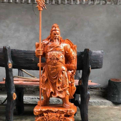 Tượng quan công trấn ải đứng trên đầu hổ phù gỗ hương kt 20×8×6cm
