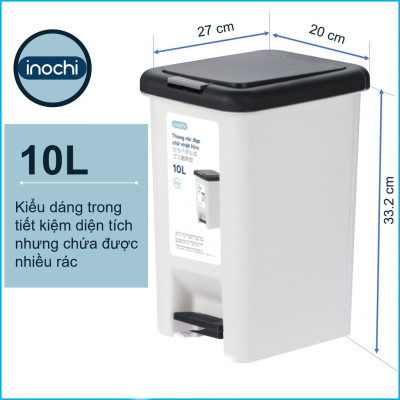 [Loại Kèm Ruột] Thùng rác đạp chữ nhật Hiro 10L (Tặng kèm Sticker) - Chính Hãng INOCHI