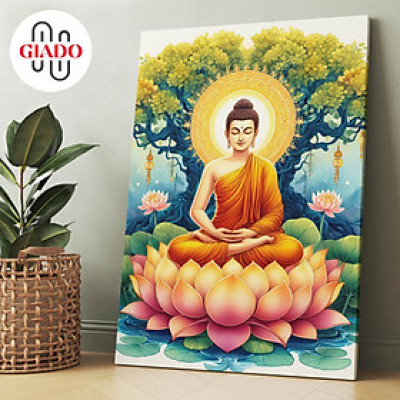 Tranh ảnh thờ treo tường hoặc tranh để bàn mẫu Phật Thích Ca thiền định hoa sen nền xanh
