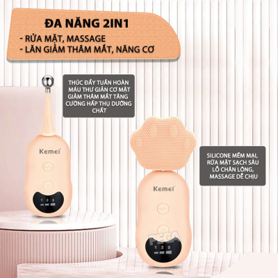 Máy rửa mặt đa năng 2in1 Kemei KM-293 điều chỉnh 3 mức tốc độ, kèm đầu lăn nâng cơ massage giảm thâm mắt - Hàng chính hãng