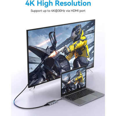 Hub Type-C to HDMI 6 in 1 cho Macbook có sạc nhanh - Chuyển đổi HUB USB Type C to HDMI, VGA, USB 3.0, PD Type-C Vention - Hàng chính hãng 