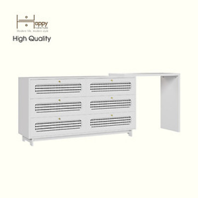 HAPPY FURNITURE , Tủ lưu trữ 6 ngăn kéo mây đan kết hợp bàn - VENNI , BAN_117 , 240cm x 45cm x 89cm DxRxC