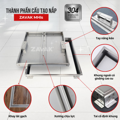 Nắp Bể Ngầm Trong Nhà 60x60cm Inox 304 ZAVAK MHIs-60 Nắp bể nước âm sàn, Nắp hố ga Inox 304