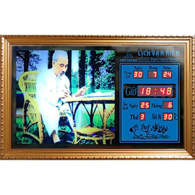 Đồng hồ Lịch Vạn Niên tranh đèn treo tường hiệu Cát Tường_tranh Bác Hồ 55617_KT 55x35x7cm_Có 2 loại (Không remote đèn và Có remote đèn)