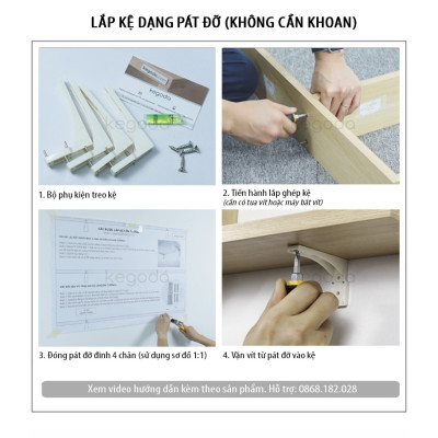 Kệ Sách Gỗ Trang Trí Treo Tường 3 Tầng Dài 60cm, Không Cần Khoan, Tặng Kèm Phụ Kiện KEGODA KT60