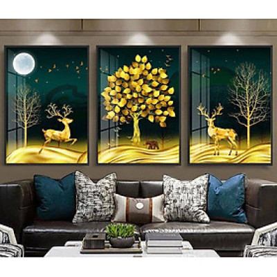 Tranh Tráng Gương Treo Tường Cao Cấp - Cây Lá Vàng Và Cặp Hươu 