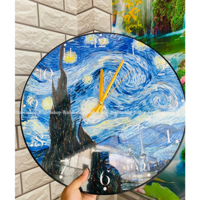 (CÓ ẢNH THẬT) Tranh đồng hồ treo tường bức hoạ Van-Gogh bo viền tranh tròn