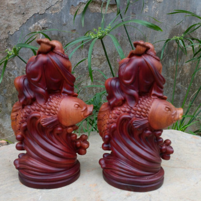 Tượng phật di lặc cưỡi cá chép bằng gỗ hương đá tô làm mầu giả cổ kt 23×13×8cm