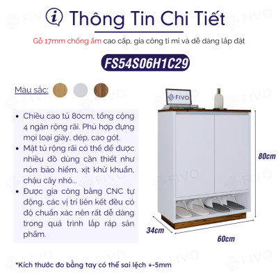 Kệ Để Giày Dép Gỗ Lõi Xanh Chống Ẩm FIVO FS54 Màu Walnut Phối Trắng, Ngăn Tủ Điều Chỉnh Linh Hoạt, Tấm Lưng Thoáng Khí