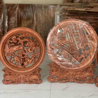 Đĩa tranh trí phong thủy trạm khắc long ly quy phượng bằng gỗ hương đá kt mặt rộng 35×4cm