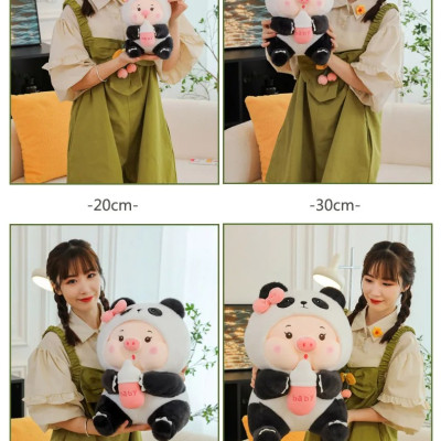 Thú nhồi bông heo cosplay gấu trúc ôm bình sữa - Size từ 25cm đến 85cm - Quà tặng gấu bông heo ôm bình sữa êm mịn cho bé.