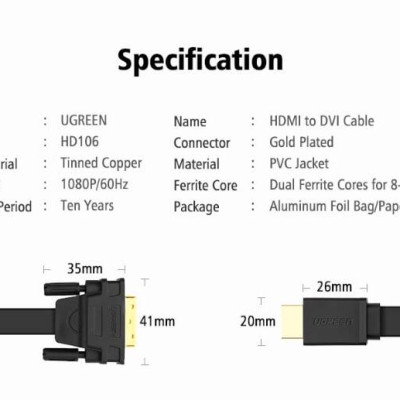 Ugreen UG30141HD106TK 12M màu Đen Cáp chuyển đổi HDMI sang DVI 24 + 1 thuần đồng cáp dẹt - HÀNG CHÍNH HÃNG