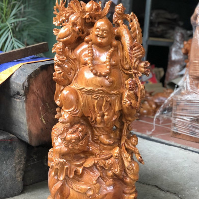 Tượng phật di lặc ngũ phúc bằng gỗ hương đá kt cao 105×40×20cm