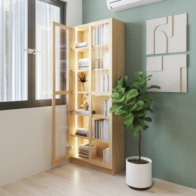 HAPPY FURNITURE , Kệ sách 6 tầng cửa kính đèn LED - CATY, KSA_074_LED , 80cm x 30cm x 202cm DxRxC