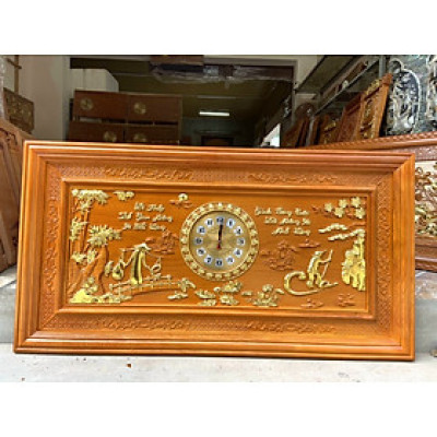 Tranh đồng hồ treo tường trạm khắc chữ cha mẹ bằng gỗ gõ đỏ kt 67×127×4cm