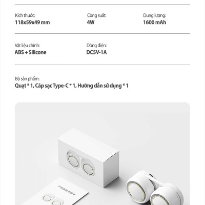 Quạt đeo cổ gấp gọn DQ-210 mini bỏ túi, không dây cầm tay di động,thiết kế không vướng tóc, 3 cấp độ gió không cánh, hàng chính hãng