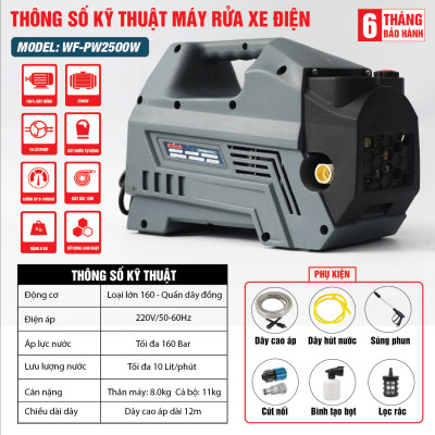 ( Động cơ Lõi Đồng ) Máy Rửa Xe Điện Workfix Cao Áp Công Suất Lớn 2500W - WF-PW2500W - Đây Đồng , Động cơ 160BAR - Bảo Hành Chính Hãg 6 Tháng