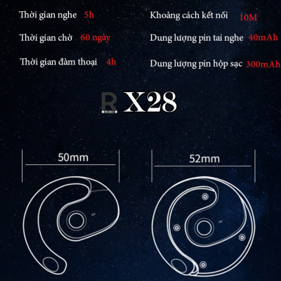 Tai nghe bluetooth thể thao RIBI X28 - Thiết kế đẹp mắt - Pin lâu - không gây đau tai - Phù hợp chạy bộ và đạp xe - Hàng Chính Hãng