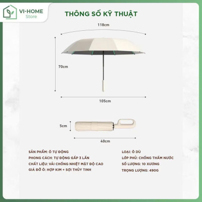 Ô Dù Gấp Gọn 10 Nan Kép - Chắc Chắn, Chống Lật, Tay Cầm Thông Minh, Chống Tia UV 99% - HÀNG CHÍNH HÃNG MINIIN