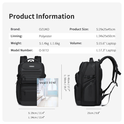 Ba lô máy tính xách tay dung tích lớn OZUKO Ba lô công sở du lịch ngoài trời chống nước đa chức năng
