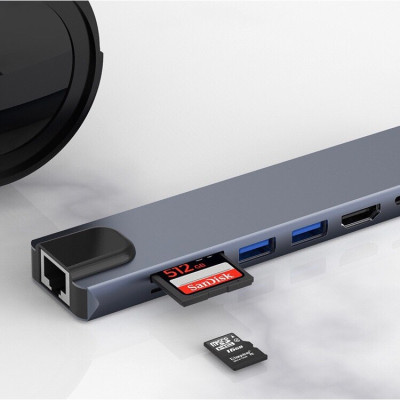 Bộ Chuyển Đổi Hub 8 Trong 1 Type C 3.1 Sang HDMI 4K-Mạng RJ45 Đọc Thẻ SD / TF Cho MacBook Notebook Laptop Máy Tính-Hàng Chính Hãng