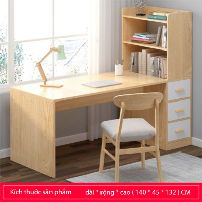 Bàn làm việc gỗ kèm kệ sách cao cấp 1m4 Bàn học sinh có ngăn kéo để đồ