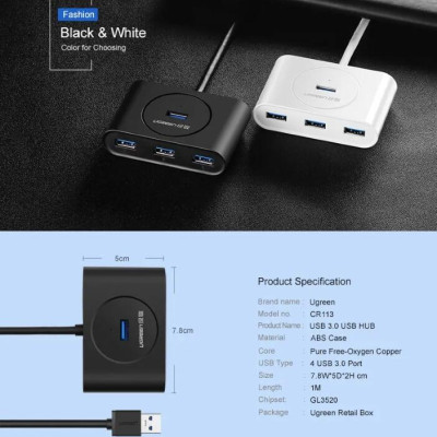 Ugreen UG20283CR113TK 1m màu Trắng Bộ chia HUB USB 3.0 sang 4 USB 3.0 hỗ trợ nguồn micro 5V cổng micro - HÀNG CHÍNH HÃNG