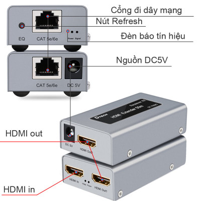 Bộ chuyển đổi và khuếch đại HDMI qua dây mạng LAN 50M Dtech DT-7009C. Hàng chính hãng !!! 
