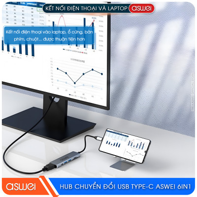 Hub Chuyển Đổi USB Type C ASWEI 6 in 1 - HDMI, USB 3.0, SD, TF, PD 100W Tốc Độ Cao - Hàng Chính Hãng