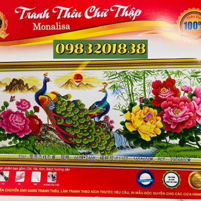 Tranh thêu chữ thập đôi công và hoa mẫu đơn 2561, kích thước 165*65 cm