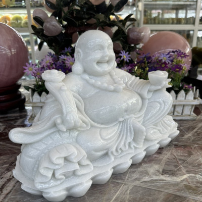 Tượng Phật Di Lặc cầm gậy như ý đá cẩm thạch trắng - Dài 40cm - Đá Phong Thủy TH