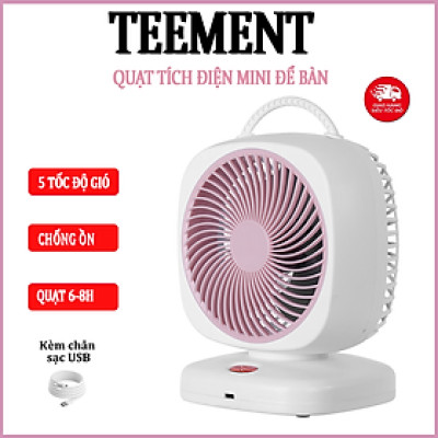 Quạt Để Bàn Tích Điện Mini 5 Cấp Độ Gió Teement, Dung Lượng Pin Lớn 2000mah Không Tiếng Ồn , Tặng Kèm Cáp Sạc - Hàng Chính Hãng