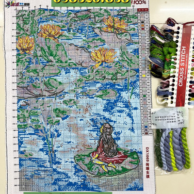 Tranh thêu kín chữ thập Cô gái ao sen DX1069, kích thước 53*72 cm