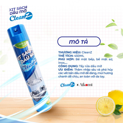Bình xịt làm sạch dầu mỡ nhà bếp tường gạch máy hút mùi CleanZ 450ml Hương Chanh 
