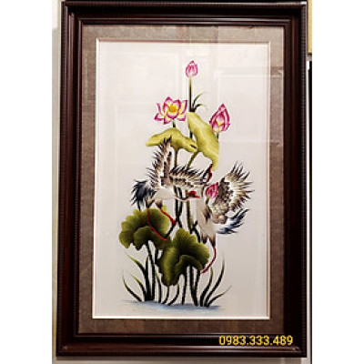 TRANH THÊU TAY -HOA SEN CHIM HẠC ( ĐÔI UYÊN ƯƠNG)