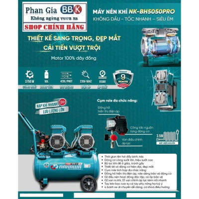 [chính hãƞg] Máy Nén Khí Không Dầu Lên hơi nhanh NAKAWA 50L-5HP Giảm âm, 100% Dây đồng, Bảo hành 1 năm