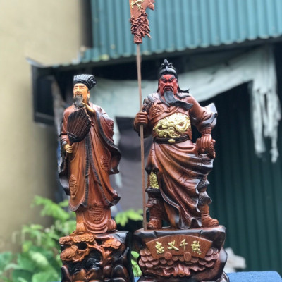 Cặp tượng văn võ song toàn không minh gia cát lượng và quan công bằng gỗ hương đá tô làm mầu giả cổ kt cao 50cm 
