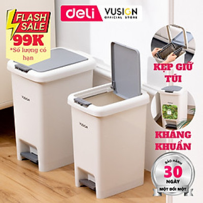 Thùng rác đạp 10,15L mở 2 cách có kẹp túi Deli Thùng rác nắp bật nhấn nút sọt rác phòng khách phòng ngủ