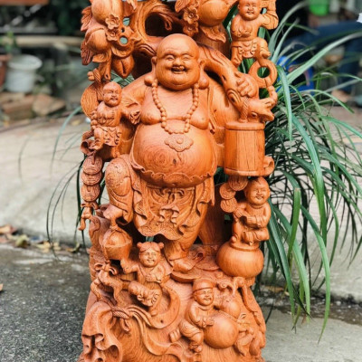 Tượng phật di lặc ngũ phúc gánh cành đào bằng gỗ hương đá kt cao 80cm 