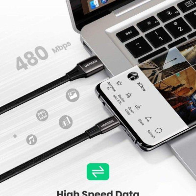 Ugreen UG10965US330TK 2M cáp usb A ra type C mỏng dẹp 2.5mm màu đen dây bện dù - HÀNG CHÍNH HÃNG
