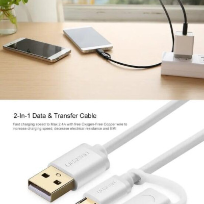 Ugreen UG30170US142TK 0.5M màu trắng Cáp USB-A sang Micro USB + USB-C cao cấp - HÀNG CHÍNH HÃNG