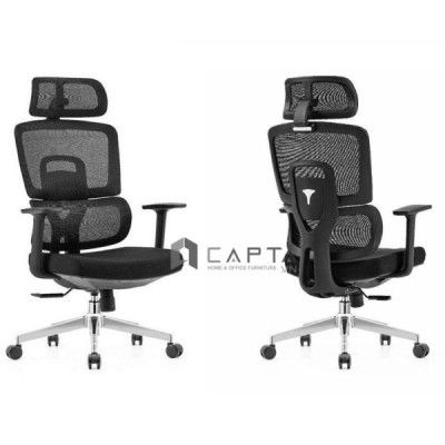 Ghế công thái học CM4527-M Nội thất Capta Ghế xoay văn phòng lưng lưới có tựa đầu bảo vệ cột sống nệm ngồi bọc vải có khung và tay nhựa chữ T 