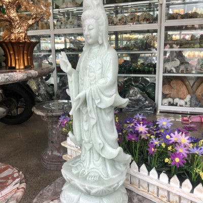 Tượng Phật Bà Quan Thế Âm Bồ Tát đứng đài sen đá cẩm thạch trắng xanh - Cao 50 cm