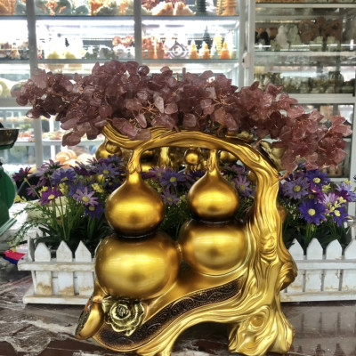 Cây tài lộc bầu hồ lô phong thủy đá thạch anh dâu tây đỏ trang trí bàn thờ thần tài, bàn làm việc - Cao 34 cm