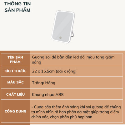 Gương Để Bàn Đèn LED Gương Cảm Ứng Để Bàn Trang Điểm Gương Có 3 Chế Độ Sáng Đổi Màu Sạc USB 23x16cm