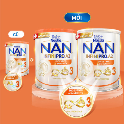 Sữa bột NAN INFINIPRO A2 3 với công thức đầu tiên chứa đạm A2, 6HMO & Lợi khuẩn kép nhập khẩu Thụy Sĩ - Hộp 800g (2 - 6 tuổi)