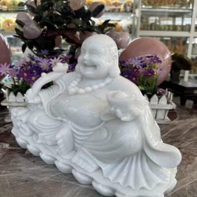 Tượng Phật Di Lặc cầm gậy như ý đá cẩm thạch trắng - Dài 40cm - Đá Phong Thủy TH