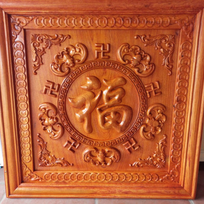 Tranh điêu khắc tích ngũ phúc lâm môn bằng gỗ hương đá đẹp long lanh kt 81×81×5cm